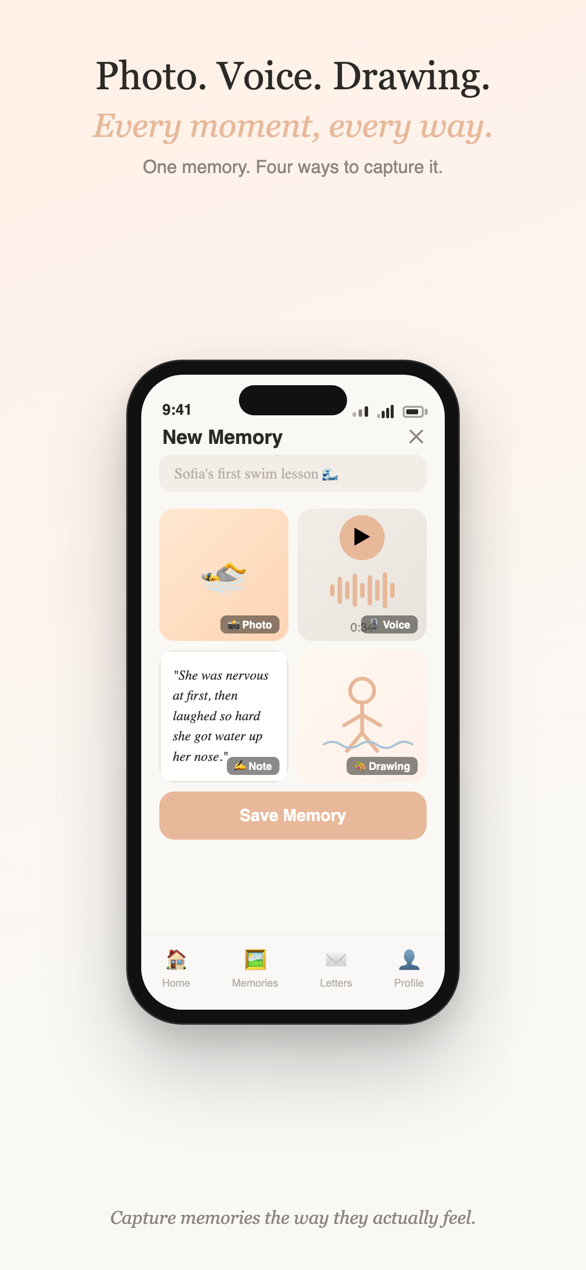 Capture moments — photo, voice, drawing, writing